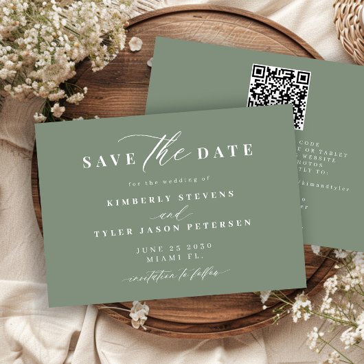 Sage green QR code simple elegant wedding Save The Date