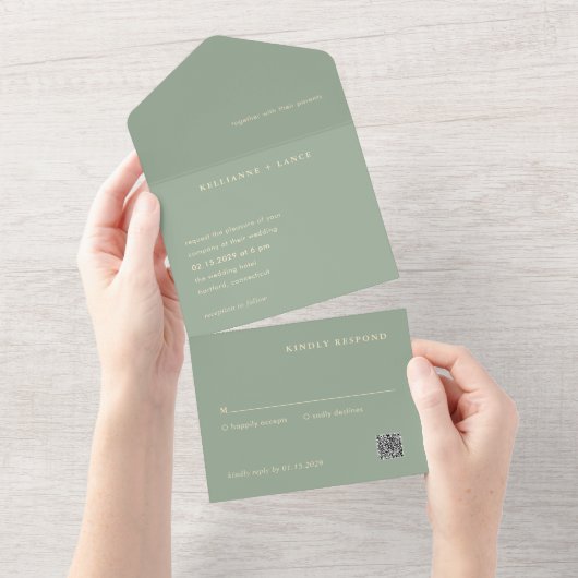 Sage Green QR Code Simple Modern Wedding All In One Einladung (Abreißen)