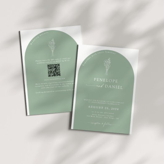 Sage Green QR Code Wedding Arch 2 in 1 Einladung