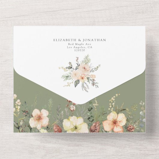 Sage Green QR UAWG Floral Gold Foil Winter Wedding All In One Einladung (Rückseite)