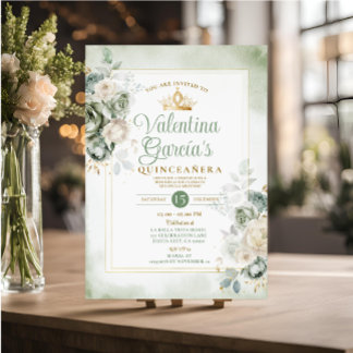 Sage Green Quinceañera 15 Anos Blume Goldkrone Einladung