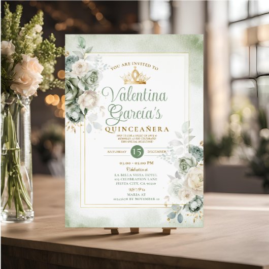 Sage Green Quinceañera 15 Anos Blume Goldkrone Einladung
