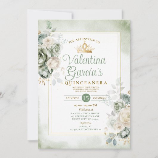 Sage Green Quinceañera 15 Anos Blume Goldkrone Einladung (Vorderseite)
