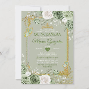 Sage Green Quinceañera Goldkrone Schmetterling Einladung