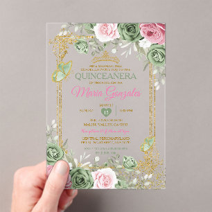 Sage Green Quinceañera Pink Gold Crown Butterfly Acryleinladungen