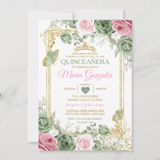 Sage Green Quinceañera Pink Gold Crown Butterfly Einladung (Vorderseite)
