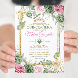 Sage Green Quinceañera Pink Gold Crown Butterfly Einladung