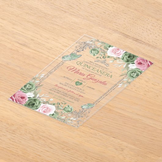 Sage Green Quinceañera Pink Silver Crown Butterfly Acryleinladungen (Ablage )