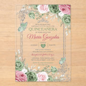 Sage Green Quinceañera Pink Silver Crown Butterfly Acryleinladungen (Vorderseite)