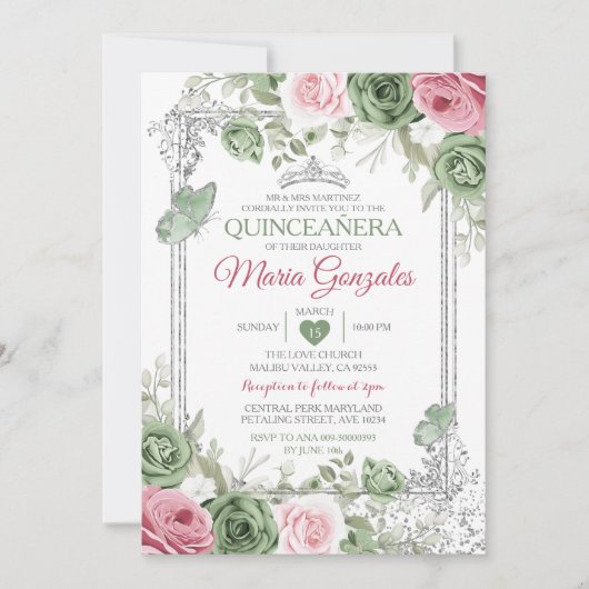 Sage Green Quinceañera Pink Silver Crown Butterfly Einladung (Vorderseite)