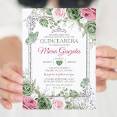 Sage Green Quinceañera Pink Silver Crown Butterfly Einladung