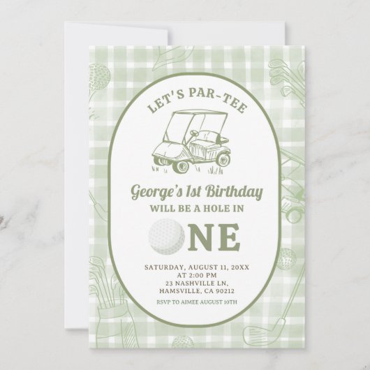 Sage Green Quirky Gingham Golf Einladung (Vorderseite)