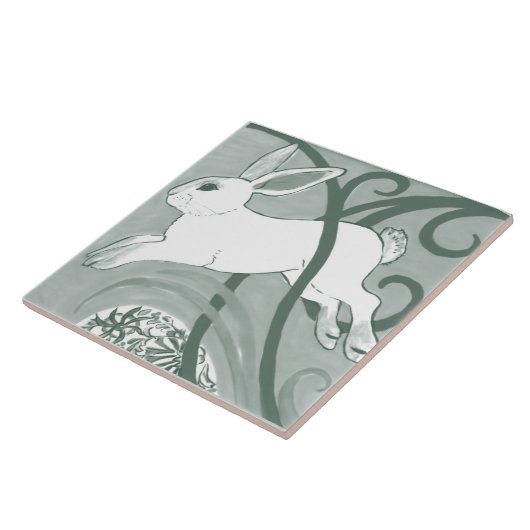 Sage Green Rabbit Art Deco Bunny Pattern Einzigart Fliese (Seite)