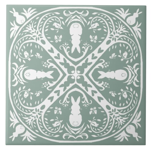 Sage Green Rabbit Intricate Bunny Pattern Einzigar Fliese (Vorderseite)