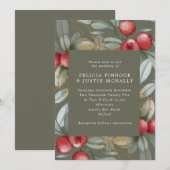 Sage Green & Red Berries Winter Wedding Einladung (Vorne/Hinten)