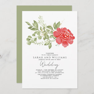 Sage Green Red Floral Boho Wedding Einladung