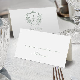 Sage Green Regency Floral Wappen Monogram Wedding Platzkarte