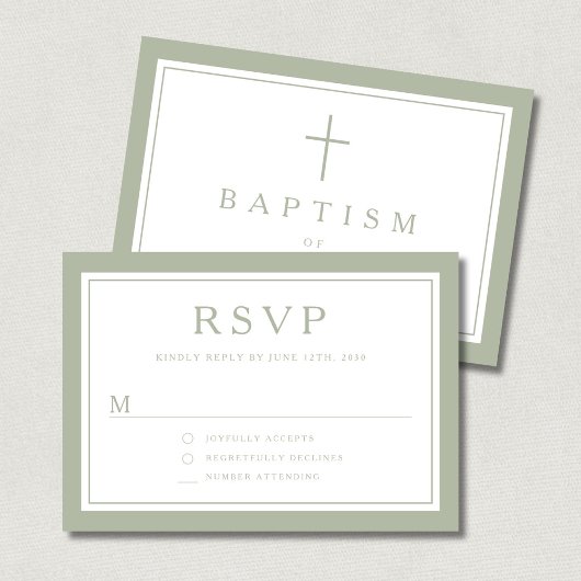 Sage Green Religious Cross Boy Baptism  RSVP Karte