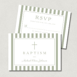 Sage Green Religious Cross Boy Baptism  RSVP Karte