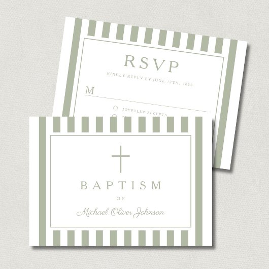 Sage Green Religious Cross Boy Baptism  RSVP Karte