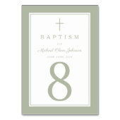 Sage Green Religious Cross Boy Baptism Tischnummer (Vorderseite)