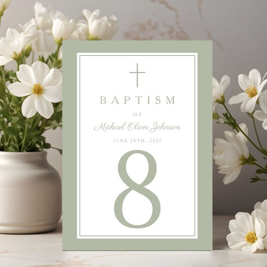 Sage Green Religious Cross Boy Baptism Tischnummer