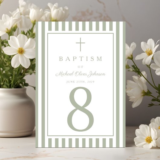 Sage Green Religious Cross Boy Baptism Tischnummer