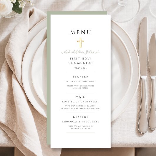 Sage Green Religious Cross Boy First Communion Menükarte