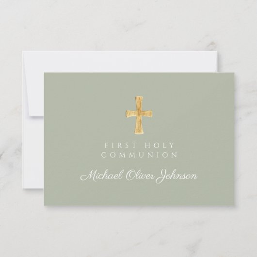 Sage Green Religious Cross Erste Kommune RSVP Karte (Rückseite)