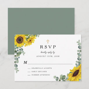 Sage Green Religious Cross Sunflower Wedding RSVP Karte