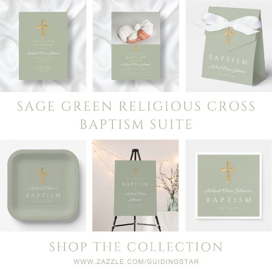 Sage Green Religious Wood Cross Taufe RSVP Karte