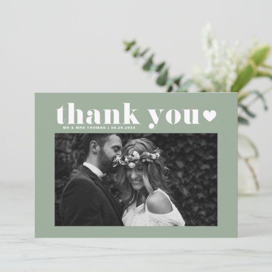 Sage Green Retro Bold Typografy Foto Wedding Dankeskarte (Stehend Vorderseite)