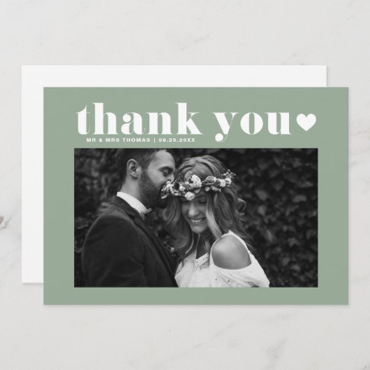 Sage Green Retro Bold Typografy Foto Wedding Dankeskarte (Vorne/Hinten)