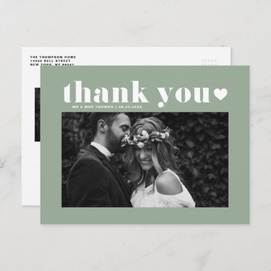 Sage Green Retro Bold Typografy Wedding Danke Postkarte (Vorne/Hinten)