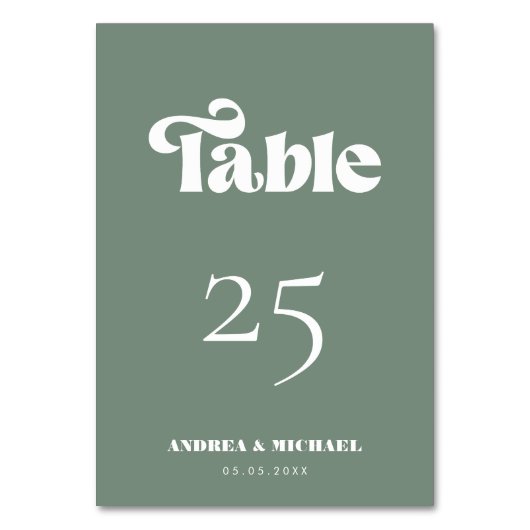Sage Green Retro Typografie Simple Modern Wedding Tischnummer (Rückseite)
