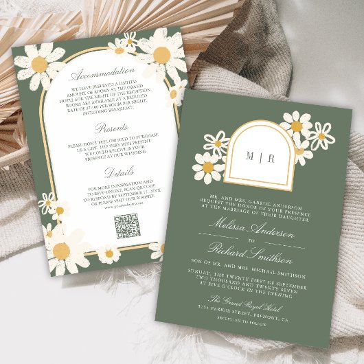 Sage Green Retro Yellow Daisy All in One Wedding Einladung