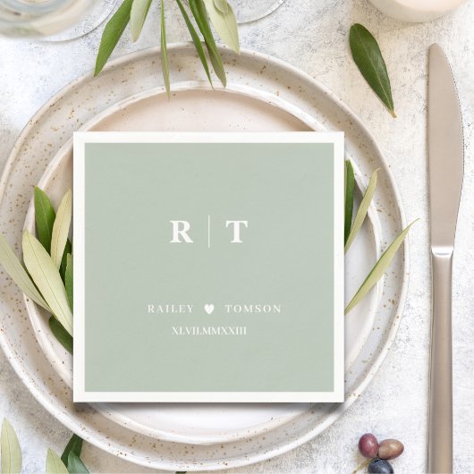 Sage Green Roman Numerals Minimalistisch Monogram Serviette