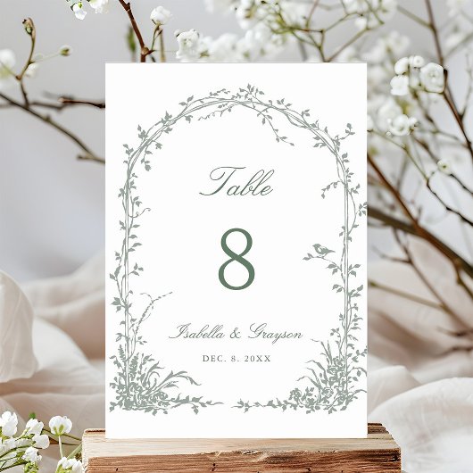 Sage Green Romantic Botanical Arch Garden Wedding Tischnummer