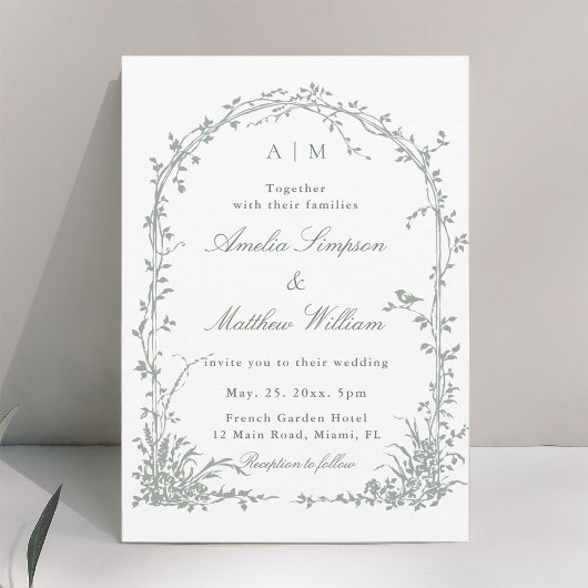 Sage Green Romantic Floral Arch Garden Wedding Einladung