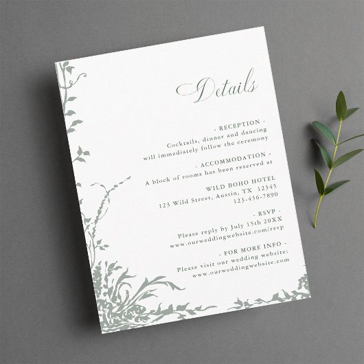 Sage Green Romantic Floral Garden Wedding Details Begleitkarte