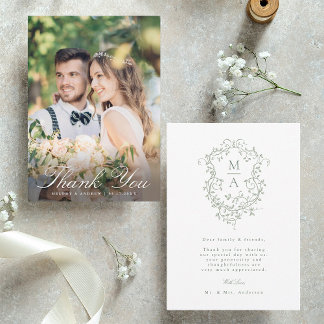 Sage Green Romantic French Floral Wappen Foto Dankeskarte