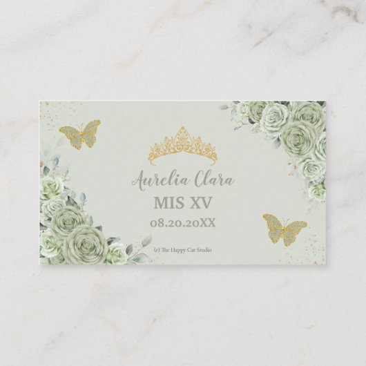 Sage Green Rose Floral Gold Quinceñera UAWG QR Begleitkarte (Rückseite)