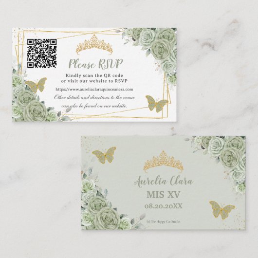 Sage Green Rose Floral Gold Quinceñera UAWG QR Begleitkarte (Vorne/Hinten)