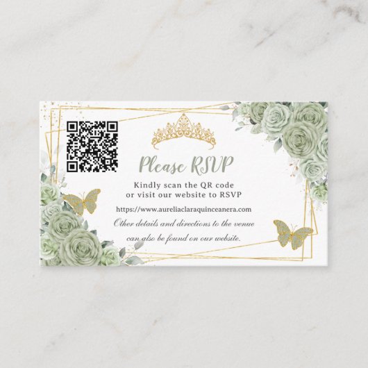 Sage Green Rose Floral Gold Quinceñera UAWG QR Begleitkarte (Vorderseite)