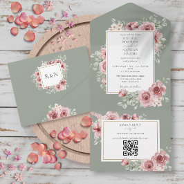 Sage Green Rose Floral QR Code Hochzeit All In One Einladung