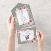 Sage Green Rose Floral QR Code Hochzeit All In One Einladung (Abreißen)