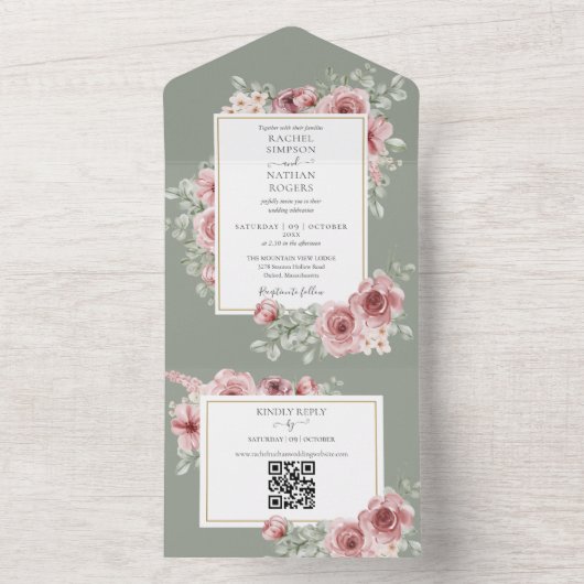 Sage Green Rose Floral QR Code Hochzeit All In One Einladung (Innen Boden)