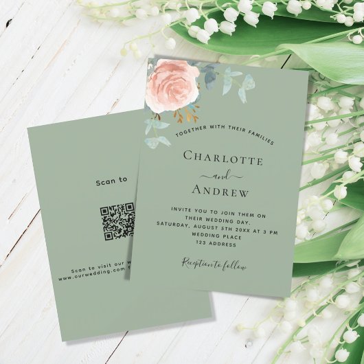 Sage green Rose Goldrot QR UAWG Details Hochzeit Einladung