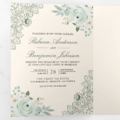 Sage Green Rose Lace Floral Cream QR Code Hochzeit Dreifach Gefaltete Einladung (Innen Erste Seite)