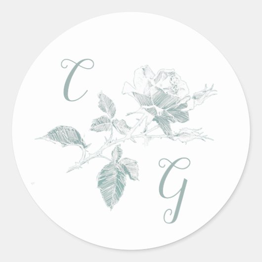 Sage Green Rose Line Art Monogram Wedding Runder Aufkleber (Vorderseite)